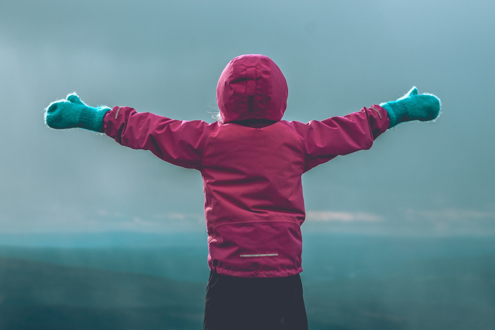 person wearing pink hooded jacket raising her hand in front of green mountain range during daytime